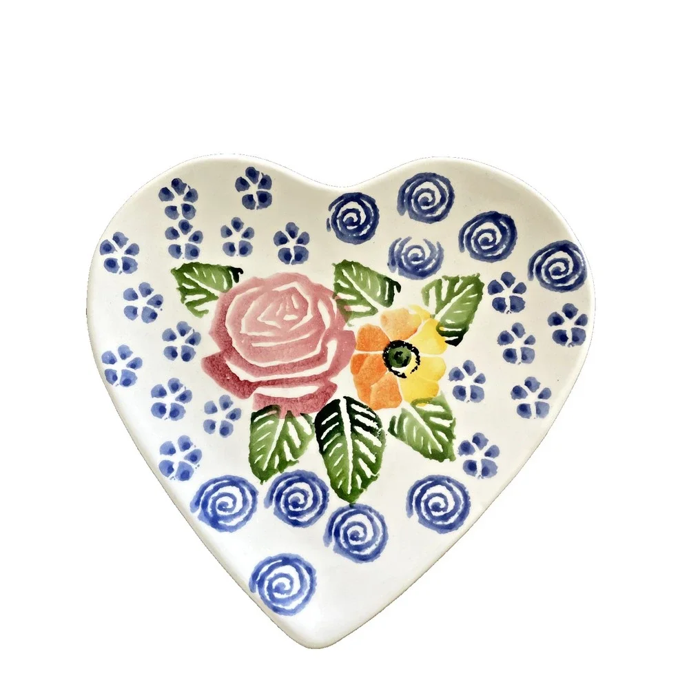 Ancora Italy Hand Painted Ceramic Heart Bowl & Plate Set Floral Rose Folk Art